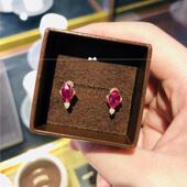 日本10K金菱形红宝石耳钉 女轻奢复古橄榄形水滴纯银镶钻耳环礼物