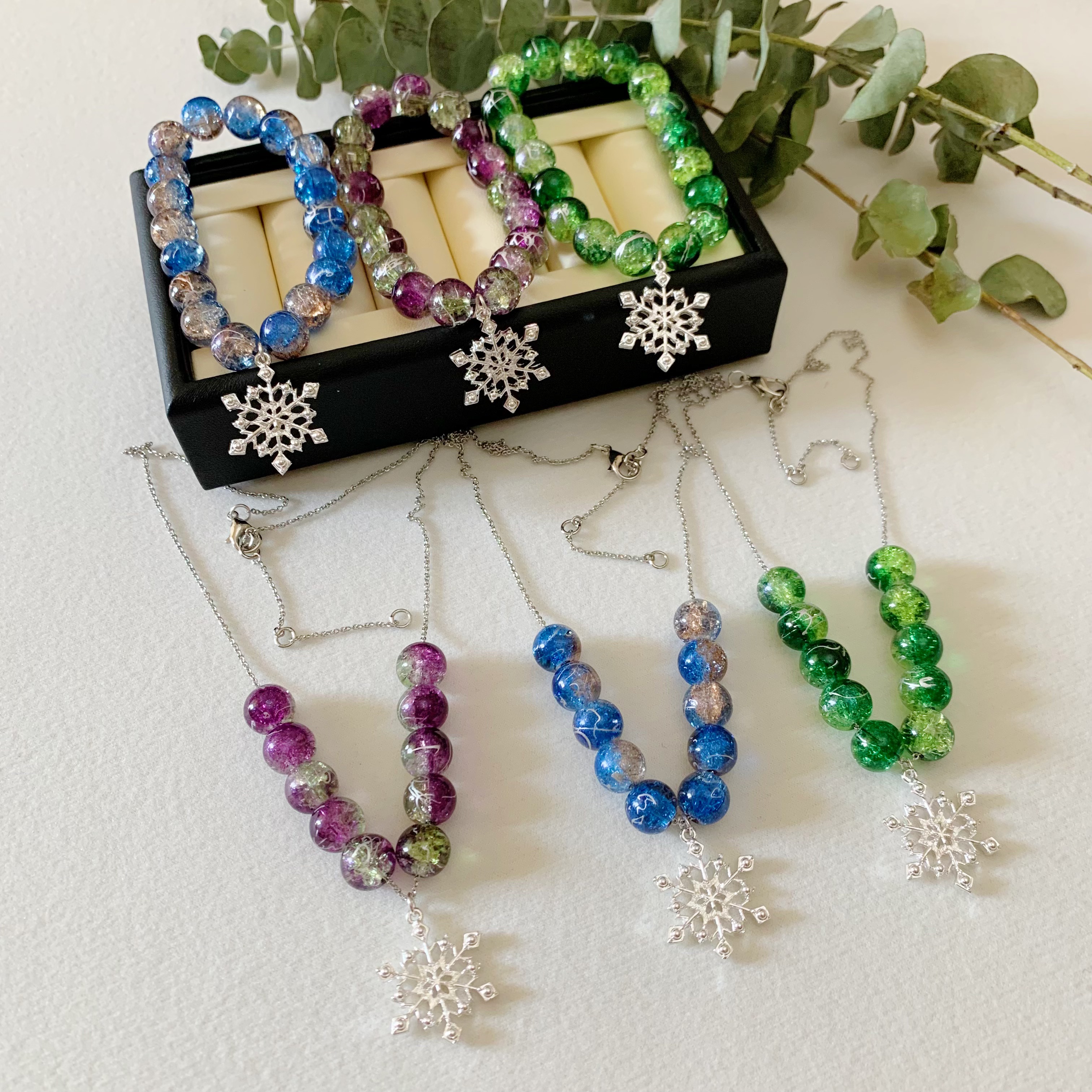 碎碎冰双色琉璃玻璃珠雪花吊坠项链 手串 玲珑剔透 甜美时尚百搭