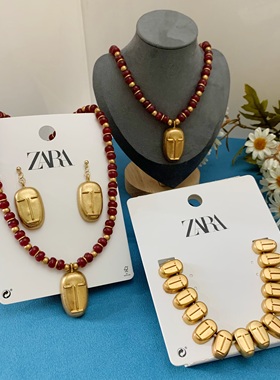 外贸品牌库存ZA中古着项链复古亚光铜镀金石人像耳环颈链独特设计