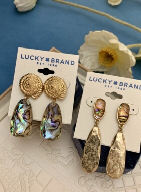 外贸品牌LUCKY天然鲍鱼贝母壳耳钉 极光幻彩复古做旧哑光金耳饰2