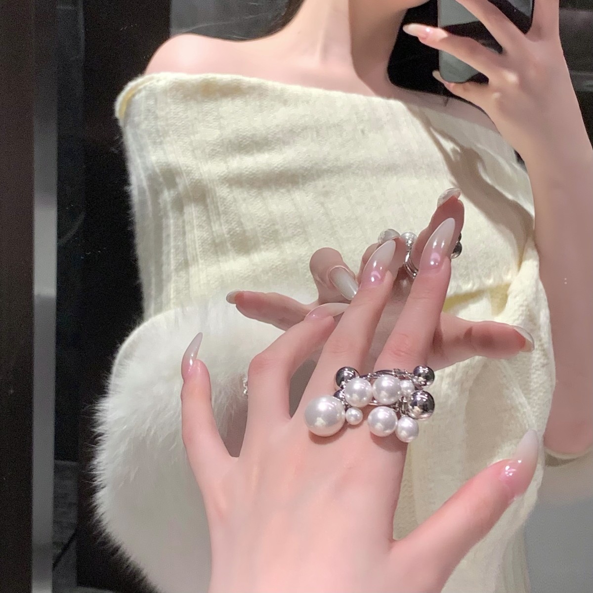 金属球多颗珍珠串珠戒指气质