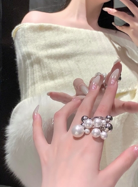 金属球多颗珍珠串珠戒指气质