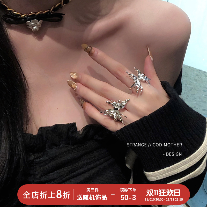个性蝴蝶开口戒指女ins潮小众设计师高级感网红冷淡风时尚食指戒