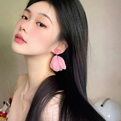 粉色爱心花瓣耳钉女夏925纯银针耳环海边显脸小独特夸张花朵耳饰