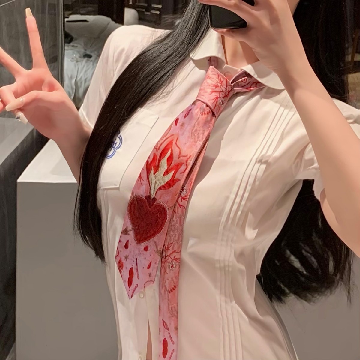 vintager古着风【心脏】火焰红刺绣爱心粉色领带女挂脖配饰丝巾