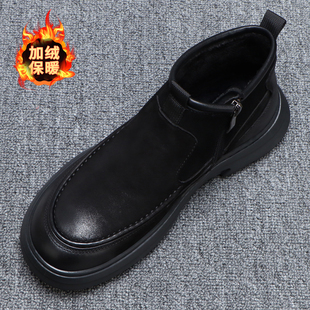 加绒保暖真皮男鞋冬季2025新款厚底休闲高帮皮鞋男软底一脚蹬棉鞋