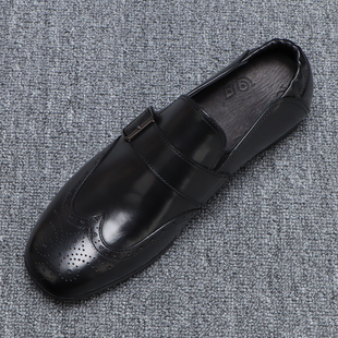 布洛克男士皮鞋真皮头层牛皮百搭黑色商务休闲鞋2026新款一脚蹬鞋