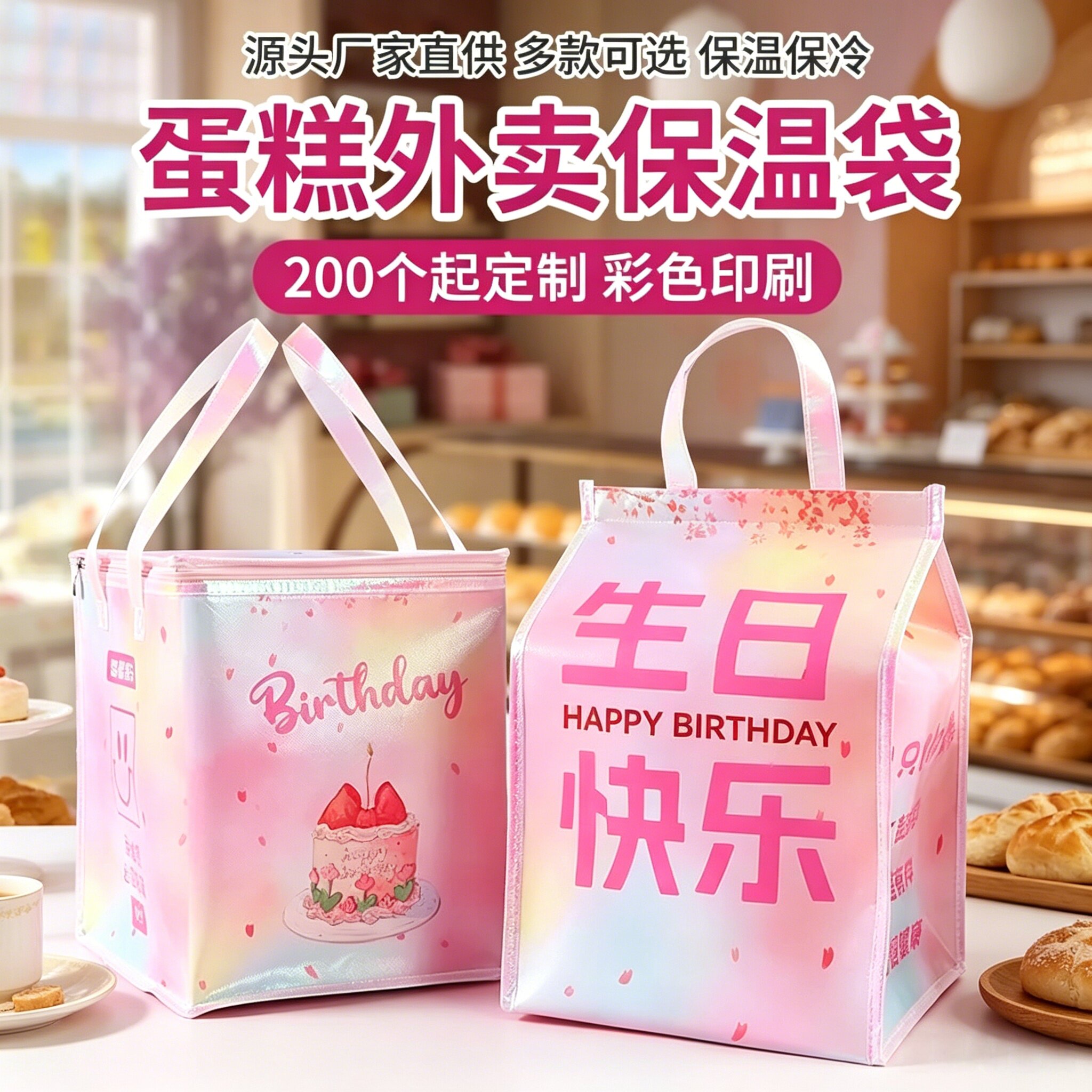 甜心粉生日蛋糕保温冷藏袋定制外卖专用保冷袋铝箔加厚手提袋定做