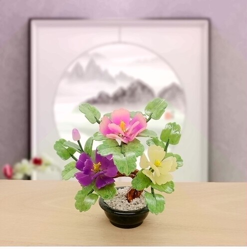 天然玉石牡丹花中国风电视柜摆件