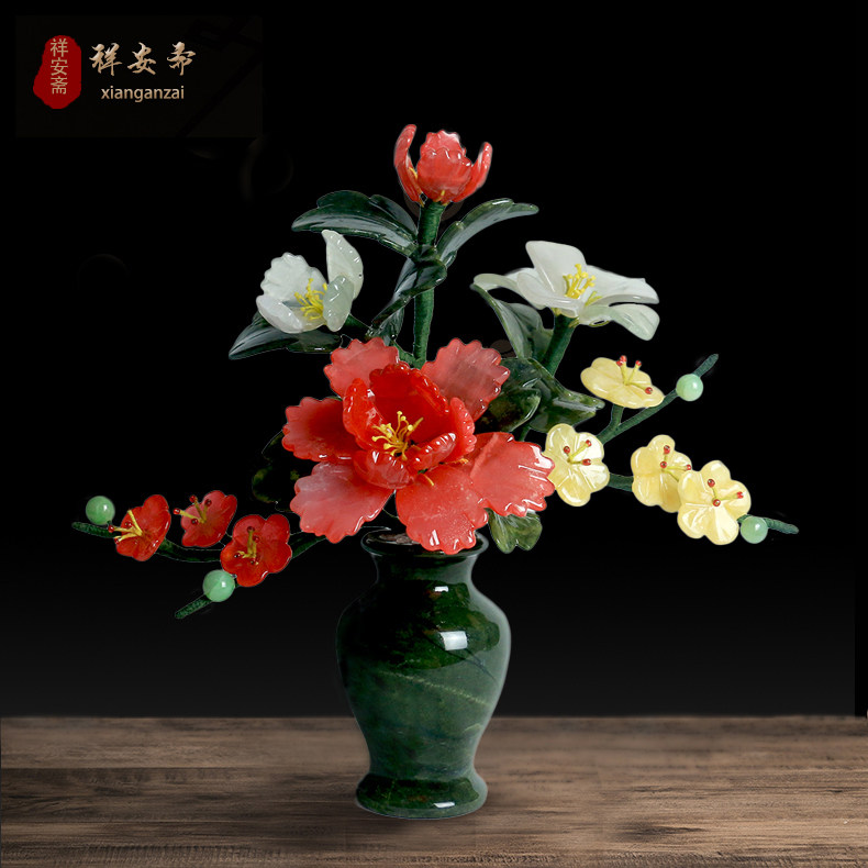 新中式简约玉石花瓶摆件盆景轻奢客厅玄关插花创意工艺品干花摆设