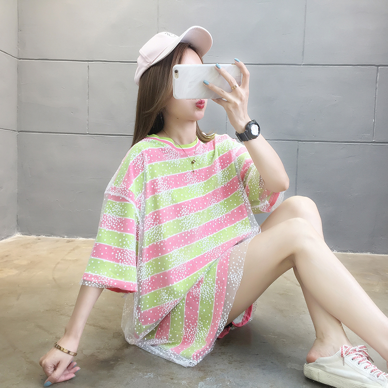 牛奶絲實拍夏季2021網紗拼接條紋假兩件短袖圓領T恤女ins