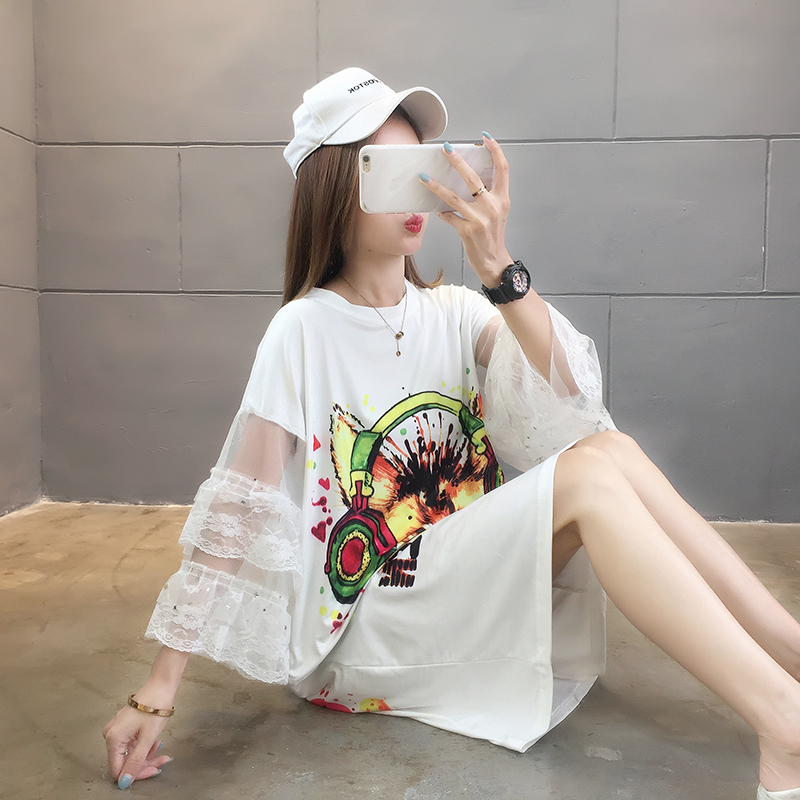 Milk silk real photo 2021 summer mid long trend lace splicing short sleeve round neck T-shirt for women