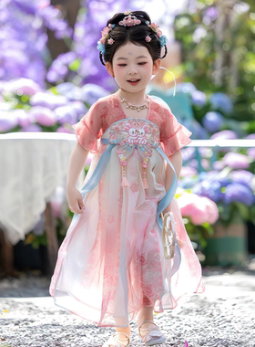 女童汉服2026夏季紫色粉色短袖高端古风风齐胸襦裙刺绣国风表演服
