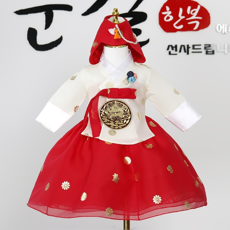 延边定制儿童韩服白色烫金印花唐衣女童宝宝1周岁/公主礼服/E204