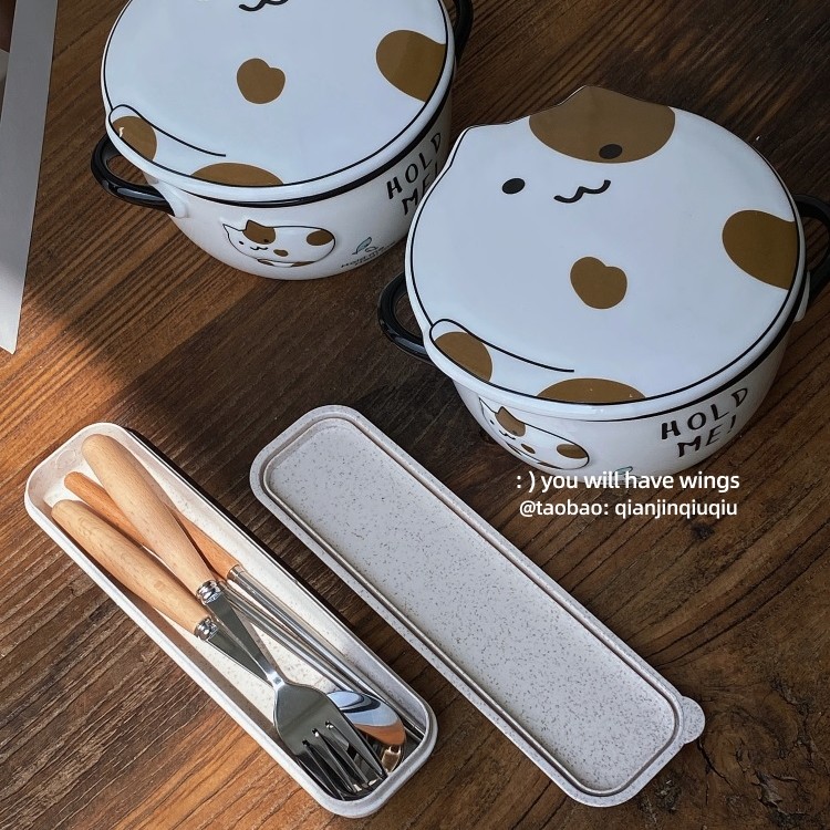 可爱猫咪带盖学生双耳碗浅瑾秋秋