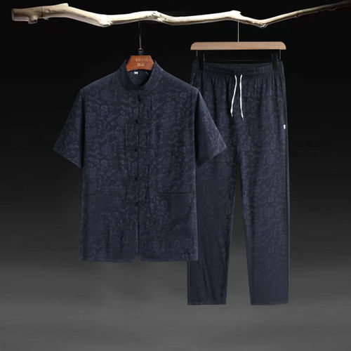 民族风棉短袖唐装男夏装爸爸婚礼服寿星中老年衣服短袖长裤两件套