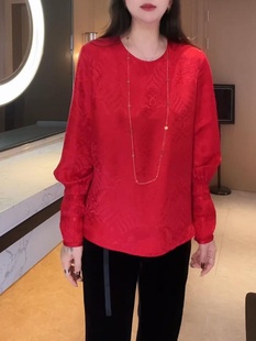 独特别致圆领长袖 女性胖毫米轻民族风格 加码 2025红色提花开叉衬衫