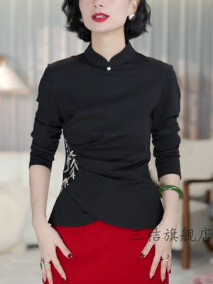 黑色新中国风旗袍风格衬衫女士修身减龄+尺寸胖mm顶2025秋季底衬