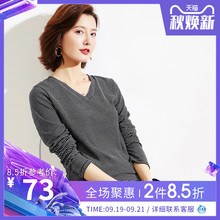 条纹打底针织衫 女装 长袖 修身 2019秋装 内搭上衣v领t恤 新款 韩版