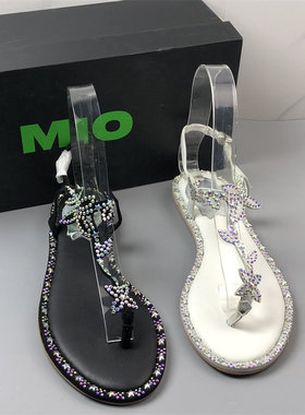 MIO米奥断码处理羊皮女鞋真皮夏季新款烫钻一字带后空皮凉鞋