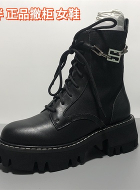 EBLAN伊伴正品撤柜女鞋英伦风黑色马丁靴女冬金属扣厚底短靴真皮