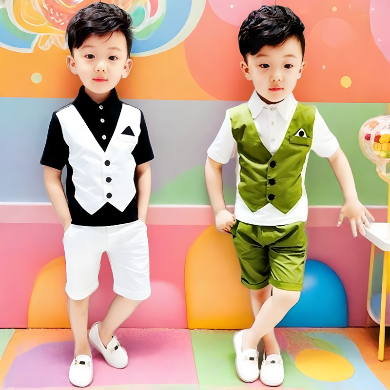 儿童小西服夏季短袖套装帅气男童修身西装宝宝花童礼服主持演出服