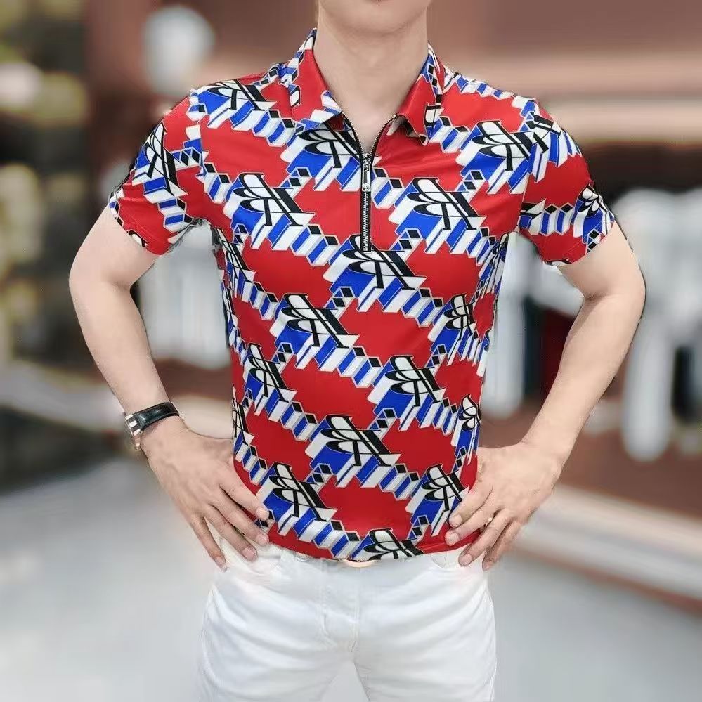 2025夏季新款短袖男休闲潮流印花高弹力免烫衬衣男士拉链短袖