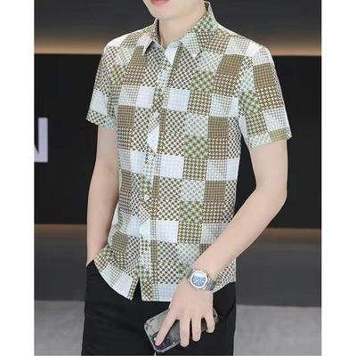 衬衫男士短袖夏季格子印花休闲商务帅气韩版修身潮流男款百搭衬衣