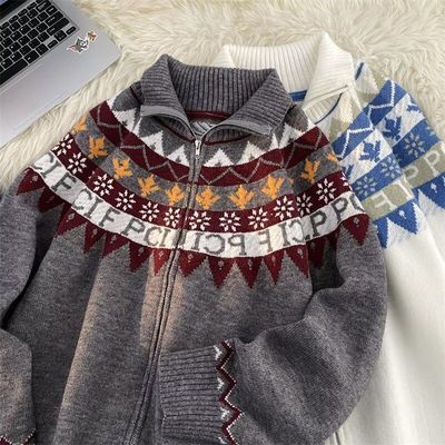 2024秋冬新款开衫毛衣美式复古休闲慵懒风V领针织衫男纯色外套