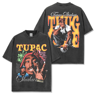 2PAC图派克Tupac西海岸嘻哈说唱美式T恤复古水洗双面印花宽松短袖
