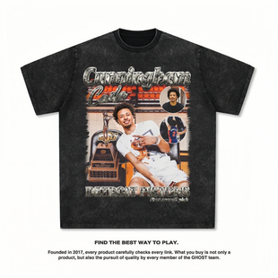 坎宁安美式球星T恤街头嘻哈潮牌复古印花做旧水洗重磅纯棉短袖