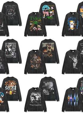 埃米纳姆TravisScott侃爷XXX Tyler嘻哈说唱美式水洗双面印花长袖