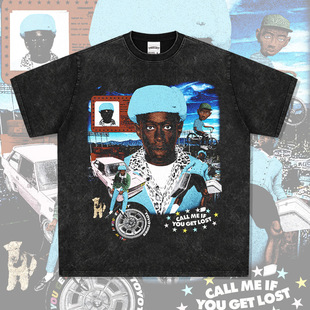 Tyler The Creator造物主泰勒美式嘻哈复古印花水洗宽松纯棉短袖