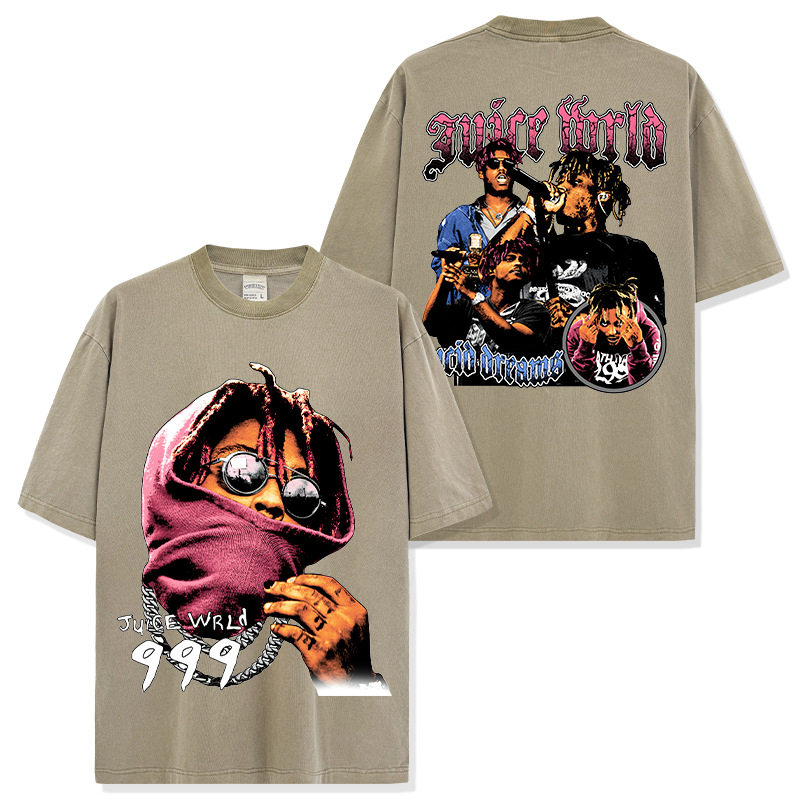 Juice Wrld嘻哈说唱美式T恤街头复古做旧水洗双面印花宽松短袖
