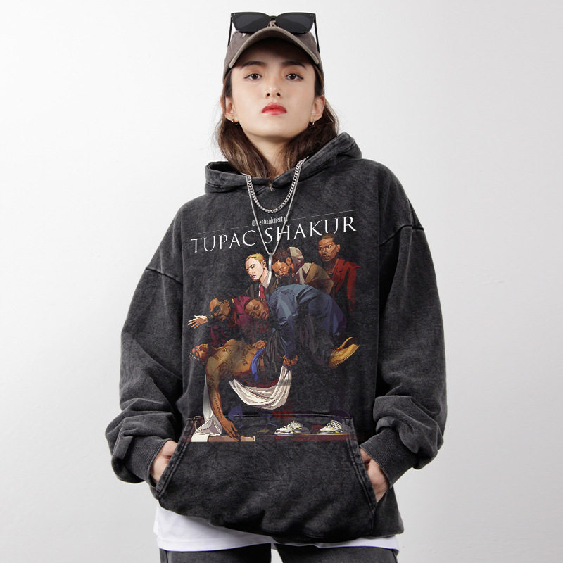 美式嘻哈复古印花水洗连帽卫衣潮