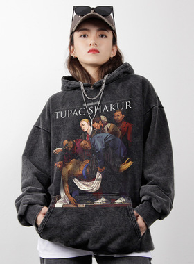 埃米纳姆TravisScott图派克XXX美式嘻哈说唱复古印花水洗连帽卫衣