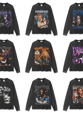 侃爷阿姆TravisScott图派克XXX德雷克嘻哈说唱美式复古水洗长袖