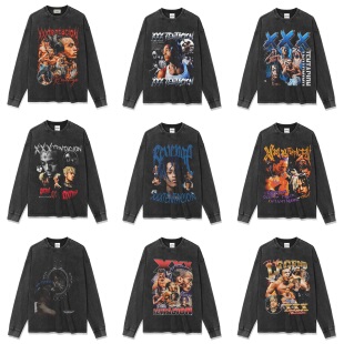 XXXTentacion嘻哈说唱美式街头潮牌复古印花做旧水洗重磅宽松长袖