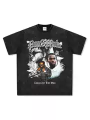 Pop Smoke Hip-Hop Rap American Street Fashion Retro Print Distressed Washed Pure Cotton Loose Short-Sleeve