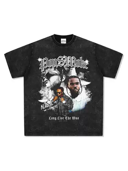 Pop Smoke Hip-Hop Rap American Street Fashion Retro Print Distressed Washed Pure Cotton Loose Short-Sleeve
