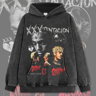 XXXTentacion嘻哈说唱美式街头潮牌复古印花做旧水洗重磅连帽卫衣