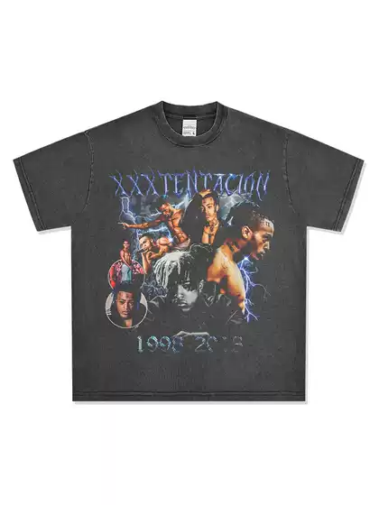 Xxxtentacion Hip-Hop Rap American-Style T-Shirt Street Fashion Retro Print Distressed Washed Loose Short-Sleeve
