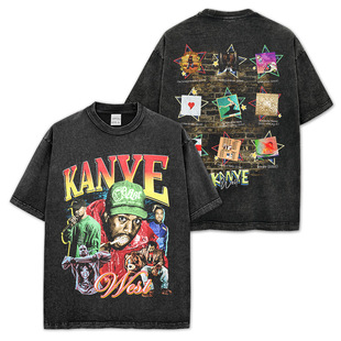侃爷Kanye嘻哈说唱美式 T恤街头潮牌复古做旧水洗双面印花宽松短袖