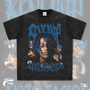 XXXTentacion嘻哈说唱美式街头潮牌复古印花做旧水洗重磅宽松短袖