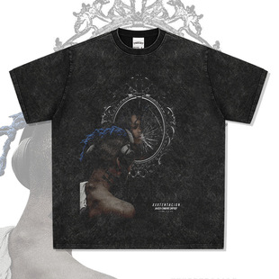 XXXTentacion嘻哈说唱美式街头潮牌复古印花做旧水洗重磅宽松短袖