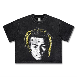 XXXTentacion嘻哈BoxyFit短宽美式小领口短袖cleanfit复古水洗T恤