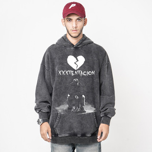 XXXTentacion嘻哈说唱美式街头潮牌复古印花做旧水洗重磅连帽卫衣