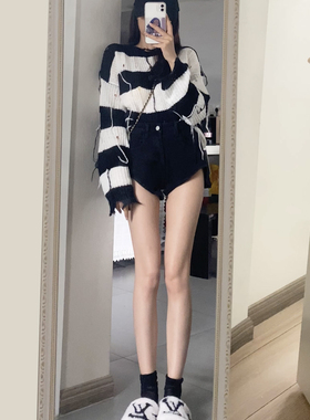 enen 显腿长/黑色牛仔短裤女春秋新款高腰显瘦不规则包臀超短裤子