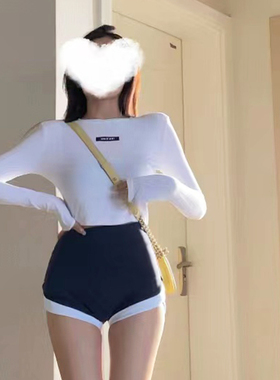 enen 白色长袖短款辣妹上衣女夏季紧身显瘦打底衫性感百搭防晒t恤