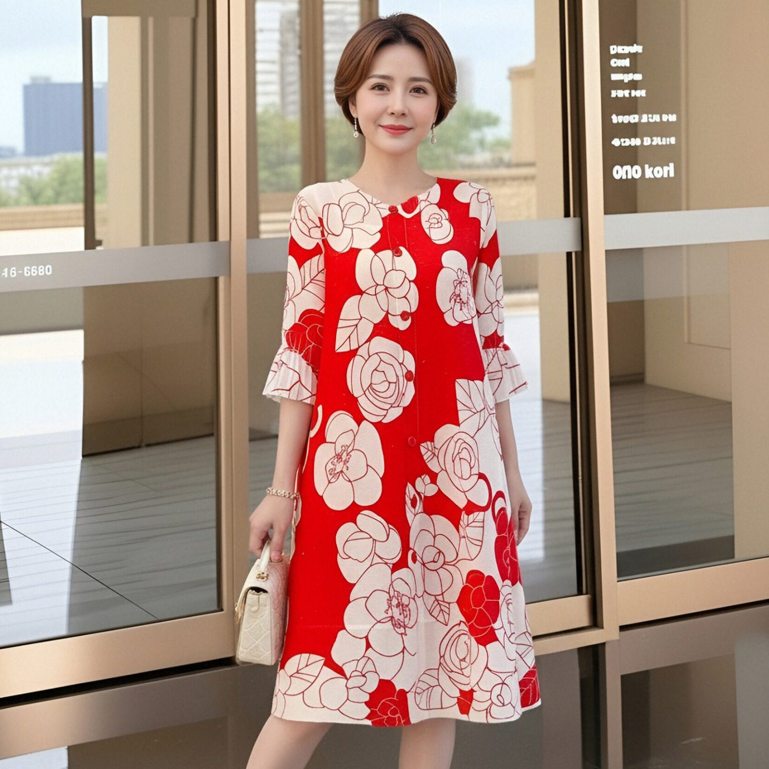妈妈减龄连衣裙春装新款女装新中式印花红色裙子宽松大码开衫衣服